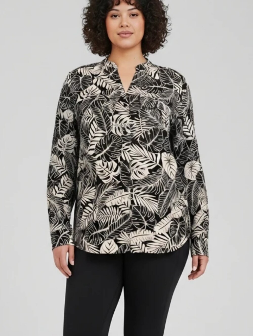 Calvin Klein Black White Tropical Palm Linen Blend Button Blouse Top Shirt 3X